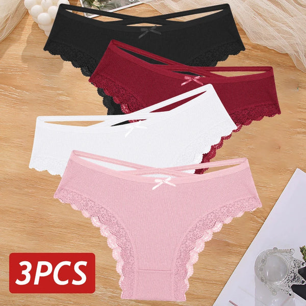 3PCS/Set Cotton Panties Sexy Low Rise Lace Brazilian