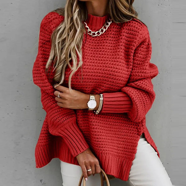 Casual Semi High Neck Simple Needle Bundle Hand Side Slit Knitted Sweater