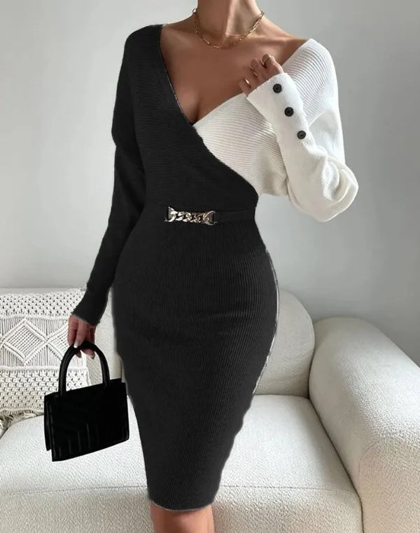 V-neck Splice Fashion Slim Fit Sexy Wrapped Hip Knit Dress