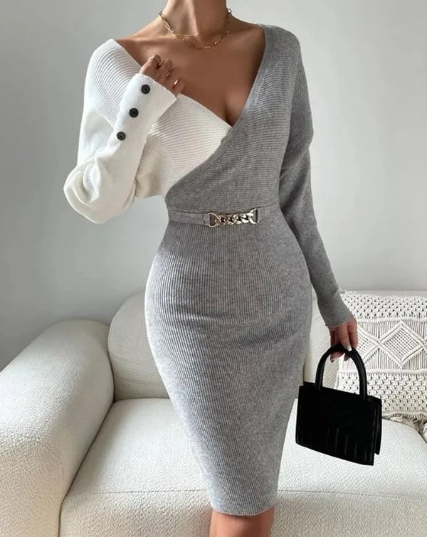 V-neck Splice Fashion Slim Fit Sexy Wrapped Hip Knit Dress